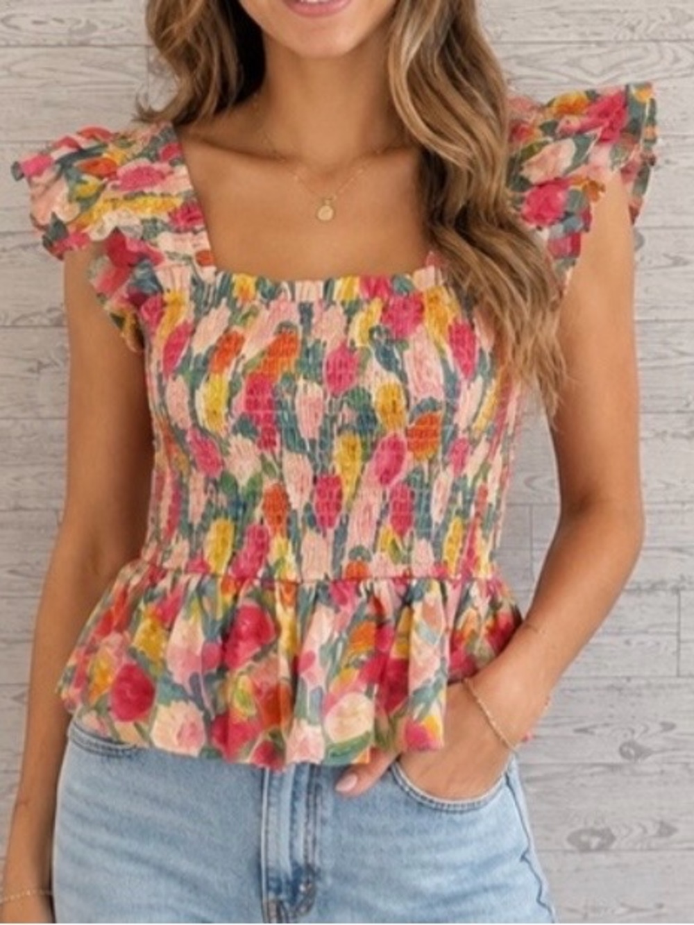 MOCO Boutique Floral Smocked Top Flutter Sleeve Multicolor Boho Medium
